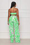 Striped Print Halter Bra Crop Tops Pleated Pants Suit ANDI-1533