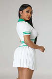 Polo Neck Knitting T-shirts Pleated Skirt Two Piece Sets OSM-4398