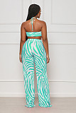 Striped Print Halter Bra Crop Tops Pleated Pants Suit ANDI-1533