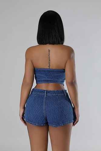 Lady Halter Denim Crop Top Two Pieces Shorts Set YUN-51085