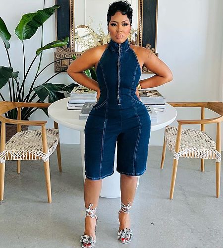 Casual Crew Neck Sleeveless Denim Shorts Romper MEM-88558