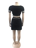 Polo Neck Knitting T-shirts Pleated Skirt Two Piece Sets OSM-4398