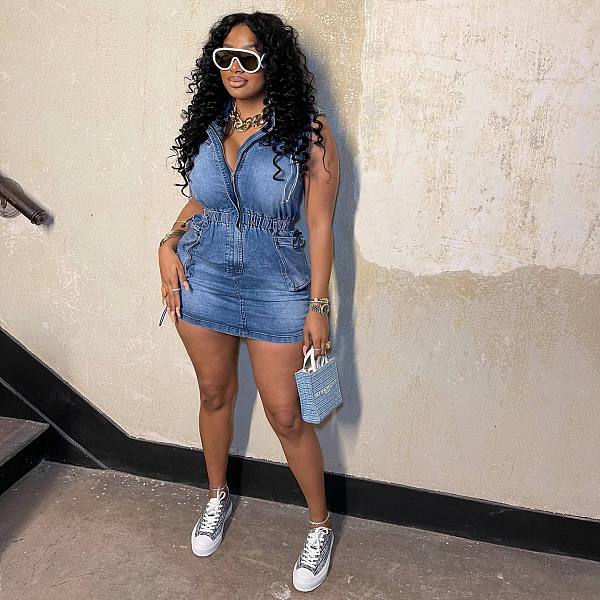 NEW Women Short Sleeves Elastic Waist Drawstring Hip Wrap Stretch Denim Mini Dress CM-8715