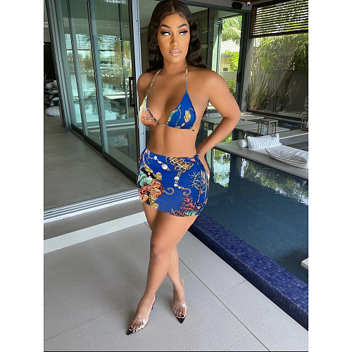 Summer Sexy Pattern Print Backless Halter Deep V Neck Bra Bodycon Mini Skirt Club Party 2 Piece Set FOS-8084
