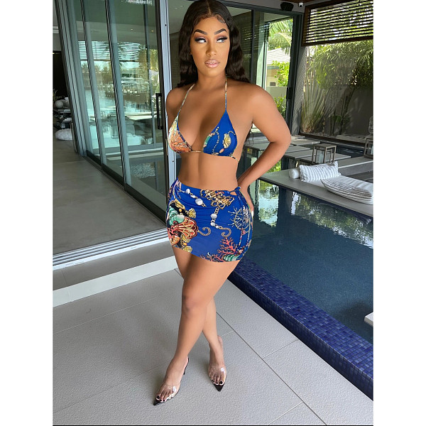 Summer Sexy Pattern Print Backless Halter Deep V Neck Bra Bodycon Mini Skirt Club Party 2 Piece Set FOS-8084