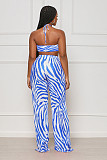 Striped Print Halter Bra Crop Tops Pleated Pants Suit ANDI-1533