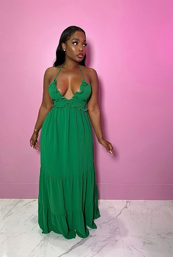 Sexy Women Backless Halter Straps Ruffles Solid Color Long Dresses NTY-7399