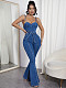 Casual Women Sexy Suspenders Zipper Split Denim Wide-legs Jumpsuit LX-6980