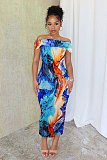 Sexy Drop Off Shoulder Prints Sleeveless Package Hips Long Dress NY-10751