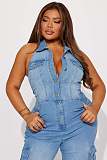 Women Sleeveless Halter Backless Buttons Straight-leg Denim Jumpsuit LX-6981