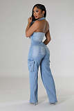 Women Sleeveless Halter Backless Buttons Straight-leg Denim Jumpsuit LX-6981