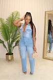 Women Sleeveless Halter Backless Buttons Straight-leg Denim Jumpsuit LX-6981