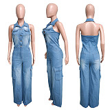 Women Sleeveless Halter Backless Buttons Straight-leg Denim Jumpsuit LX-6981