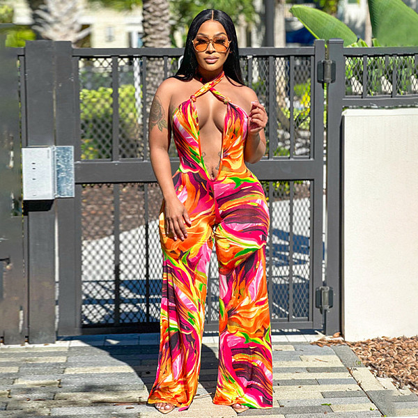 Sexy Backless Halter Women Print Wide-leg Long Jumpsuit YF-10752