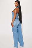 Women Sleeveless Halter Backless Buttons Straight-leg Denim Jumpsuit LX-6981