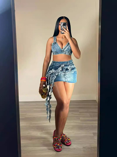 Sexy Women Bralette Crop Top And Tassel Mini Skirt Denim Two-pieces Sets TK-6320