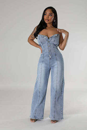 Women's Sexy Strapless Buttons Slim Wide-leg Denim Jumpsuit LX-6978