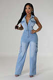 Women Sleeveless Halter Backless Buttons Straight-leg Denim Jumpsuit LX-6981