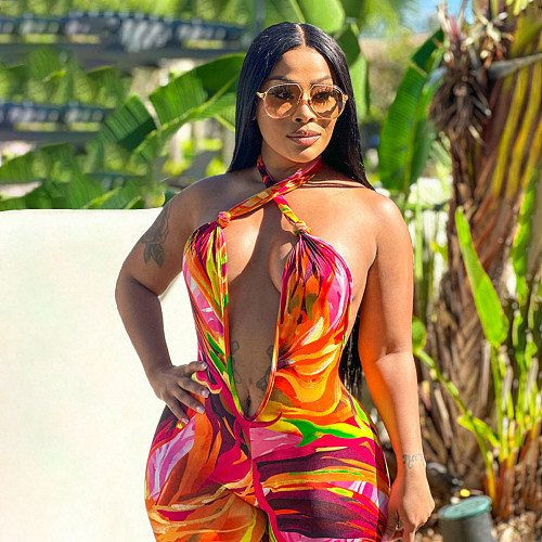 Sexy Backless Halter Women Print Wide-leg Long Jumpsuit YF-10752