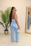Women Sleeveless Halter Backless Buttons Straight-leg Denim Jumpsuit LX-6981