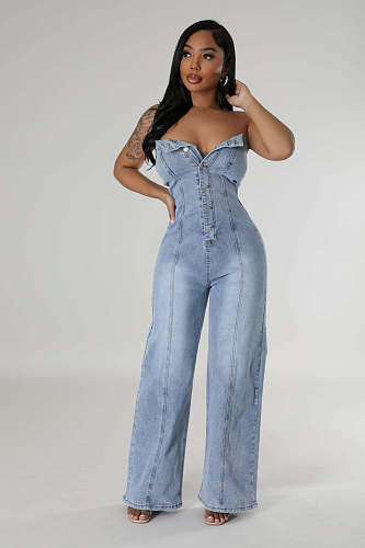 Women's Sexy Strapless Buttons Slim Wide-leg Denim Jumpsuit LX-6978