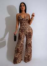 Sexy Backless Leopard Printed Women Straps Summer Long Jumpsuit AIL-274