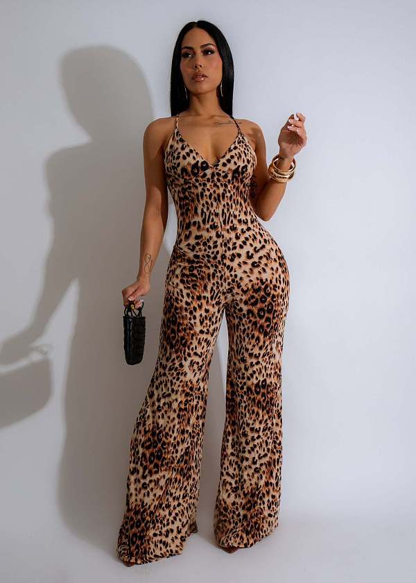 Sexy Backless Leopard Printed Women Straps Summer Long Jumpsuit AIL-274