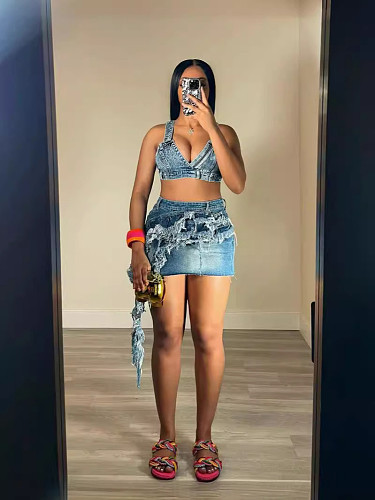 Sexy Women Bralette Crop Top And Tassel Mini Skirt Denim Two-pieces Sets TK-6320