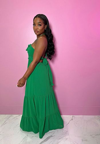 Sexy Women Backless Halter Straps Ruffles Solid Color Long Dresses NTY-7399