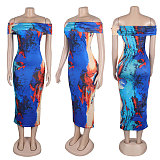 Sexy Drop Off Shoulder Prints Sleeveless Package Hips Long Dress NY-10751