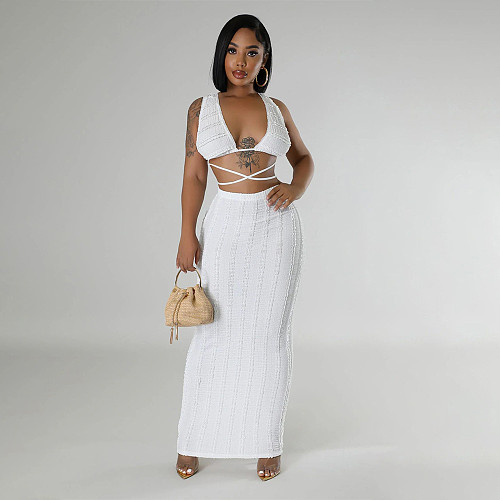 Women Sexy Lace Lace-up Crop Top And Long Skirts 2 Pieces Sets YF-10751