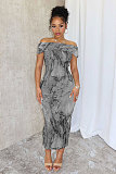 Sexy Drop Off Shoulder Prints Sleeveless Package Hips Long Dress NY-10751