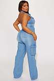 Women Sleeveless Halter Backless Buttons Straight-leg Denim Jumpsuit LX-6981