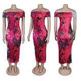 Sexy Drop Off Shoulder Prints Sleeveless Package Hips Long Dress NY-10751