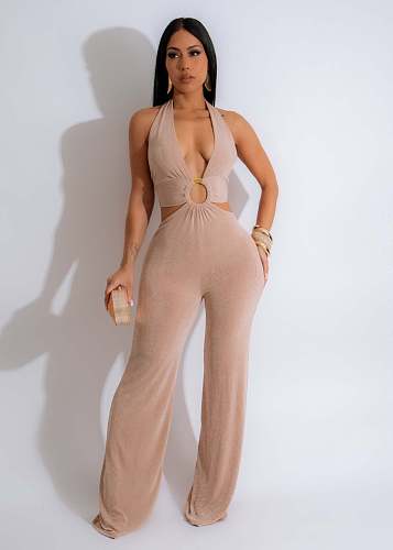 Sexy Backless Halter Women Solid Color Long Nightclub Jumpsuits NTY-7402