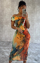 Sexy Drop Off Shoulder Prints Sleeveless Package Hips Long Dress NY-10751