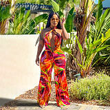 Sexy Backless Halter Women Print Wide-leg Long Jumpsuit YF-10752