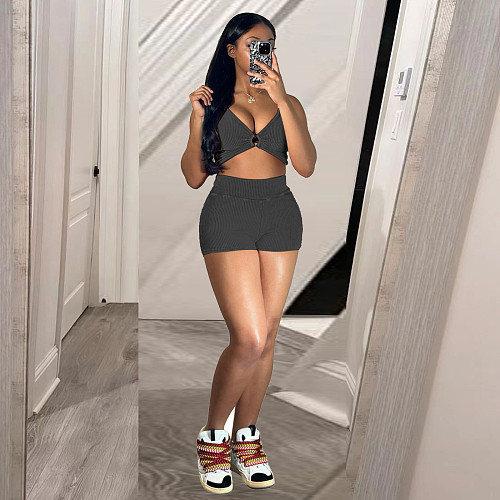 Women Solid Color Crop Vest And Shorts Casual 2 Pieces Sets TR-1309