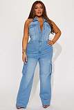 Women Sleeveless Halter Backless Buttons Straight-leg Denim Jumpsuit LX-6981