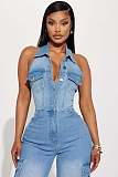 Women Sleeveless Halter Backless Buttons Straight-leg Denim Jumpsuit LX-6981