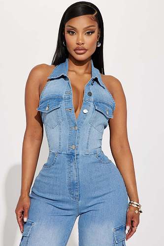 Women Sleeveless Halter Backless Buttons Straight-leg Denim Jumpsuit LX-6981