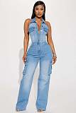 Women Sleeveless Halter Backless Buttons Straight-leg Denim Jumpsuit LX-6981