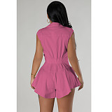 2024 Solid Color Girls Sleeveless Lapel Buttons Romper FOS-8384