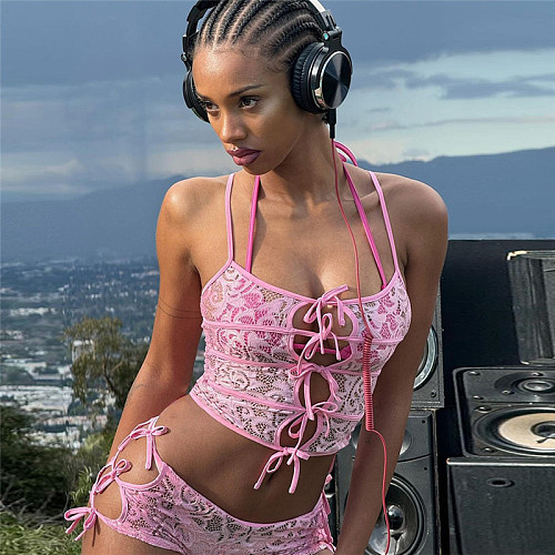 Sexy Transparent Straps Crop Tops And High-waist Shorts 2 Pieces Set SXE-K24S46830