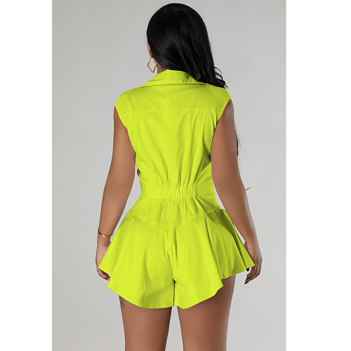 2024 Solid Color Girls Sleeveless Lapel Buttons Romper FOS-8384
