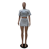 Casual Women Solid Color Patchwork Zipper Cardigan Short Skirts 2 Pieces Sets TR-1312