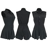 2024 Solid Color Girls Sleeveless Lapel Buttons Romper FOS-8384