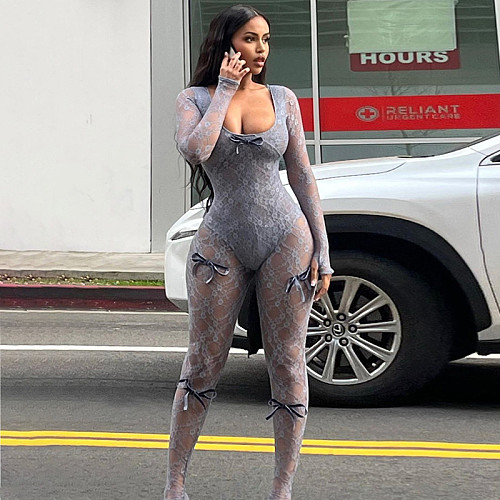 Sexy Hollow-out Lace High-waist Bodycon Jumpsuit SXE-K24Q42881