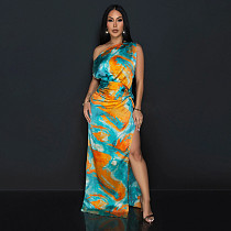 Sexy Oblique Shoulder Women Tie-dye Printed High-split Long Dress YF-10755