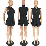 2024 Solid Color Girls Sleeveless Lapel Buttons Romper FOS-8384